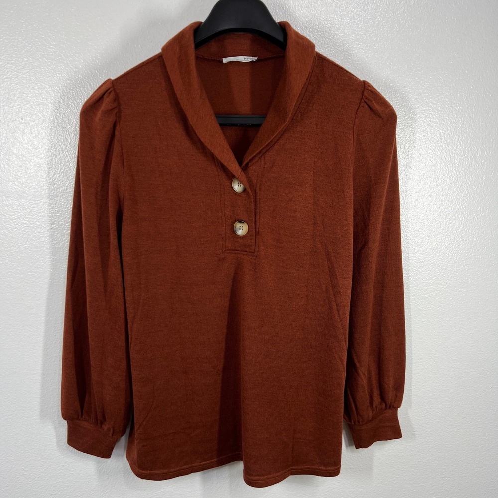 Messic Shawl Collar Blouse Puff Sleeve Button Front Top Rust‎ Brown Size Large
